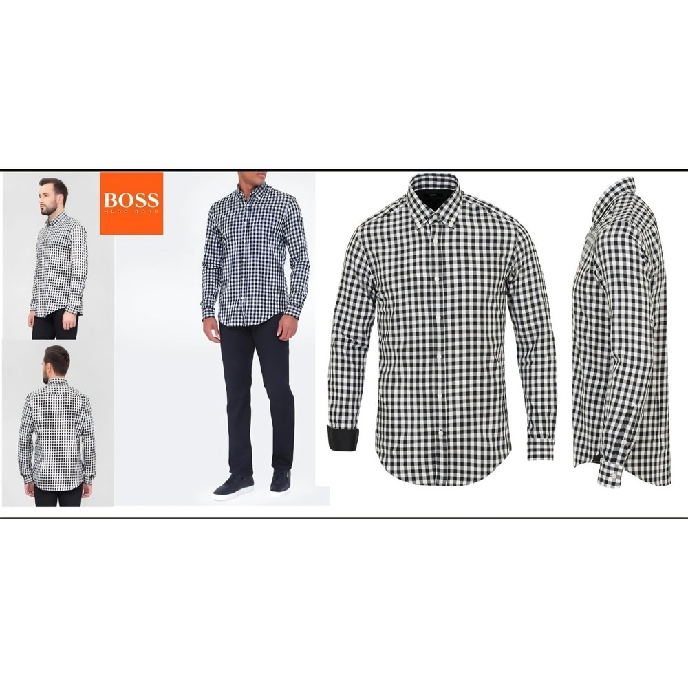 Hugo Boss Men's Long Sleeve Button-Up Shirt Black White Checkered Sz 15 1/2